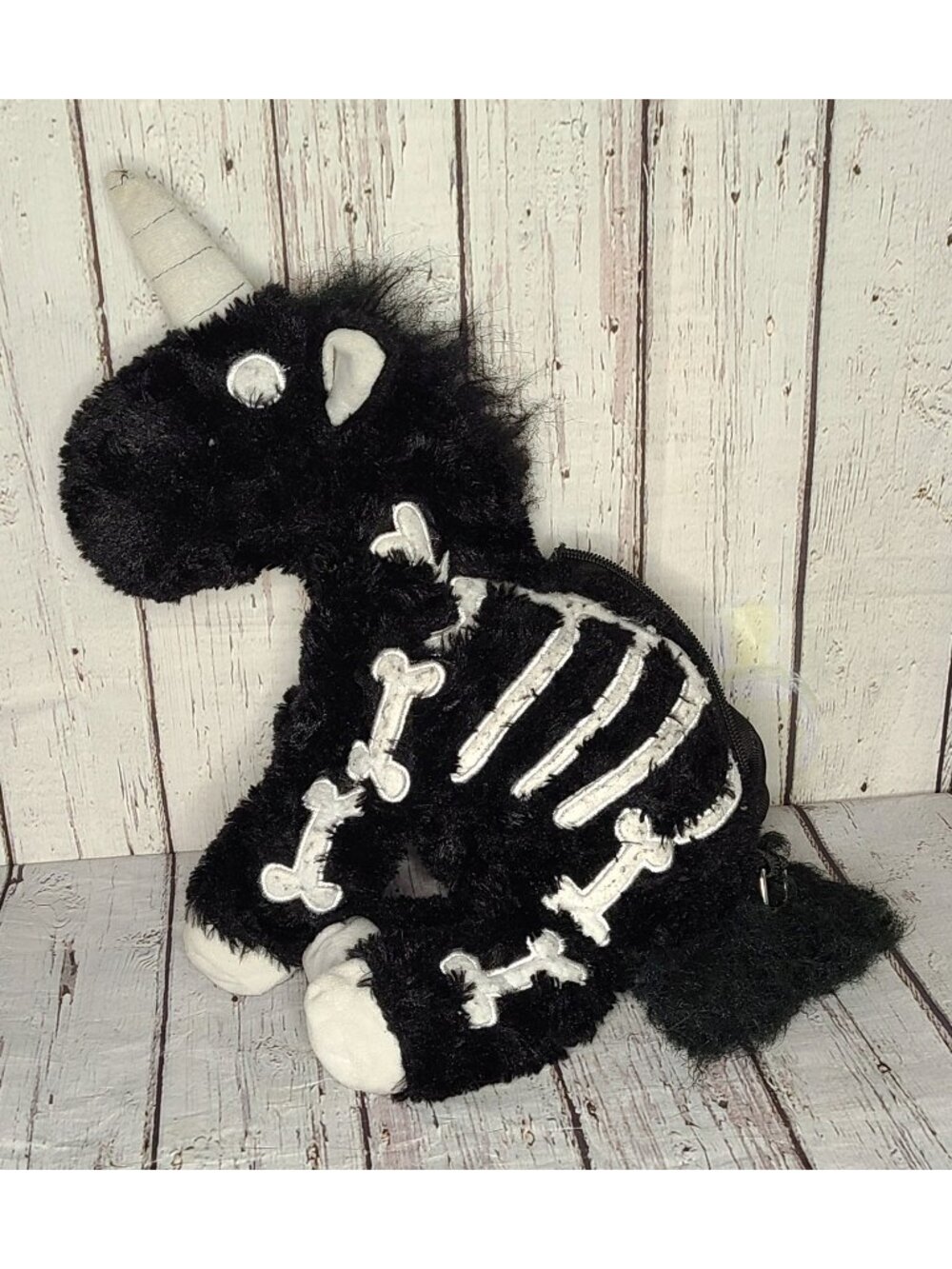 12" Unbranded Skeleton Unicorn Black & White Stuffed Animal Plush Purse Spooky